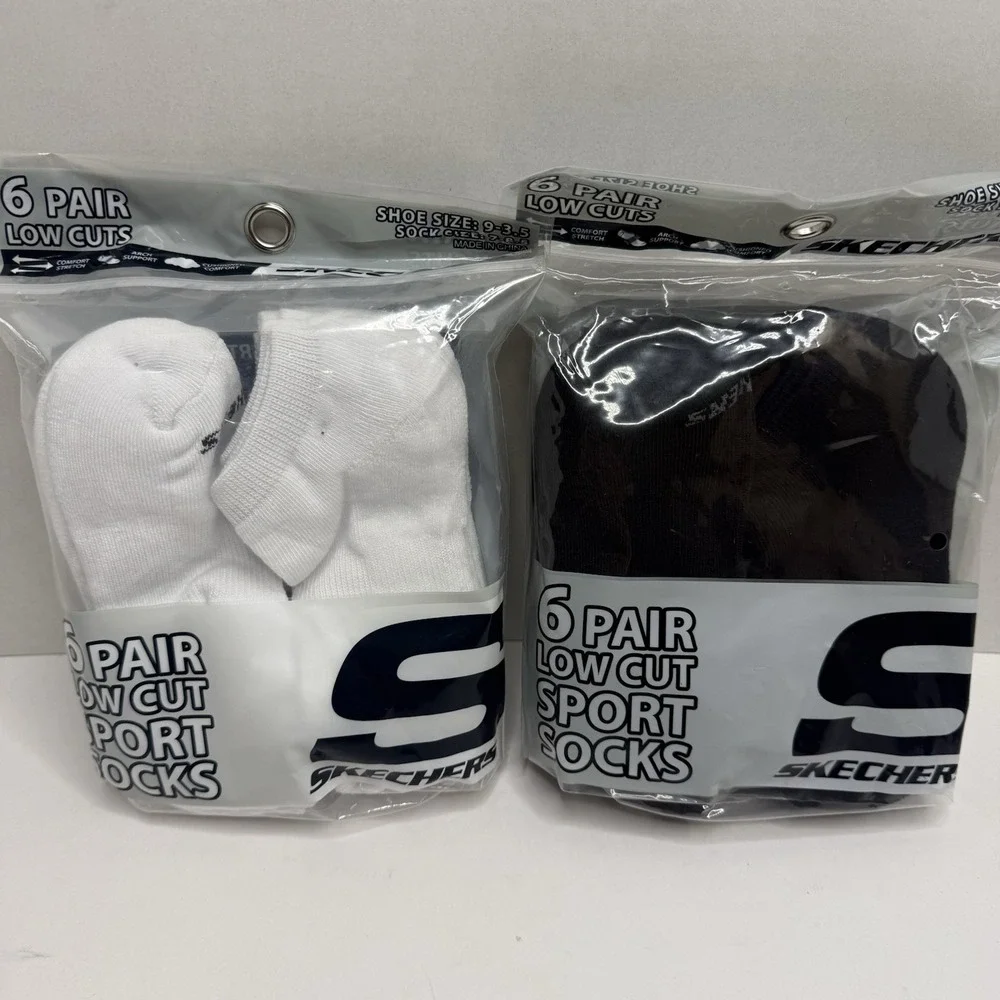 Skechers Kids Low Cut Sport Socks 12 Pair Black White Shoe Size 9-3.5 NEW